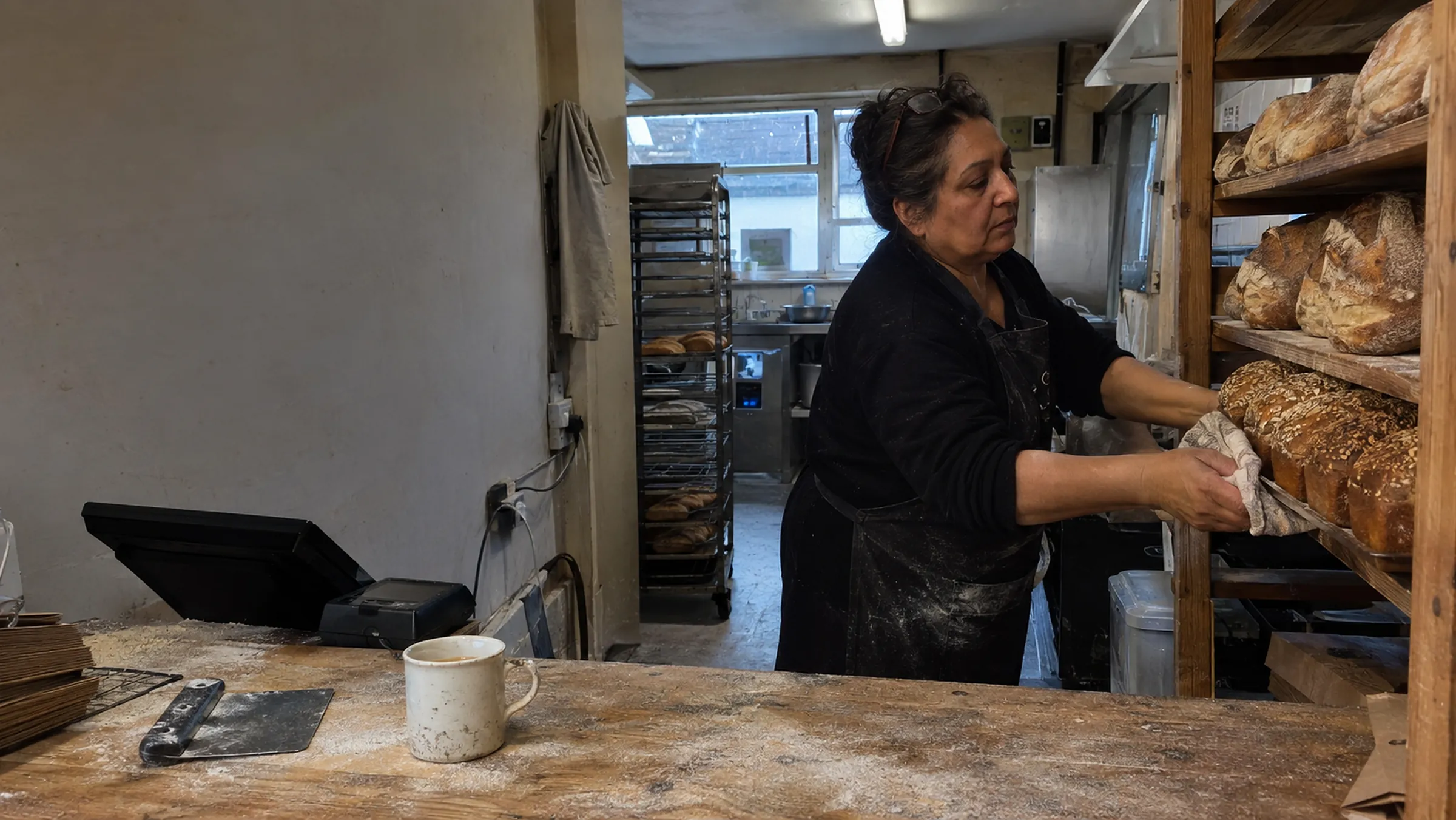 A bakery owner in a flour-marked apron sliding loaves onto a wooden rack before opening