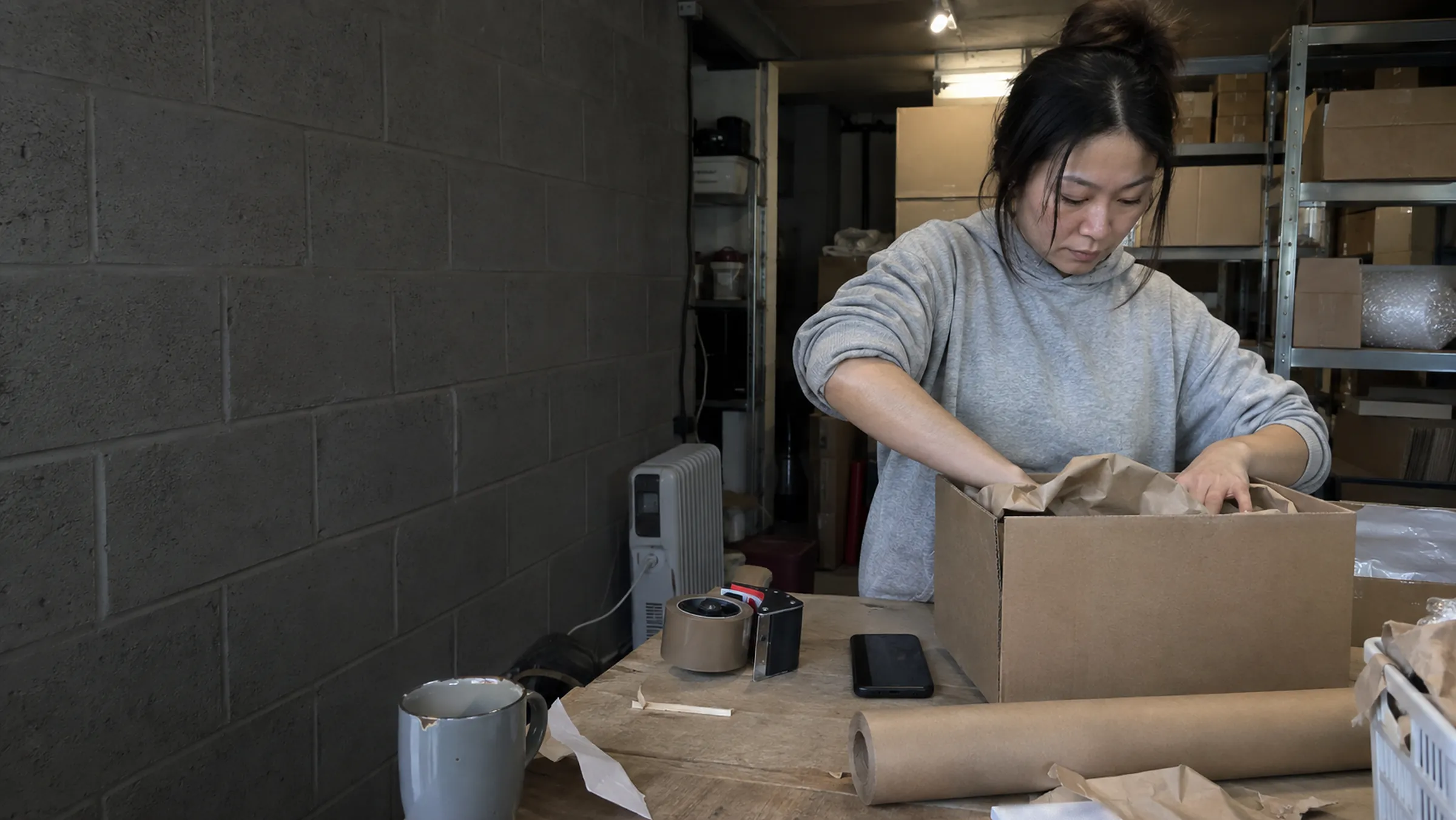 An online shop owner packing an order into a cardboard box in her storage unit