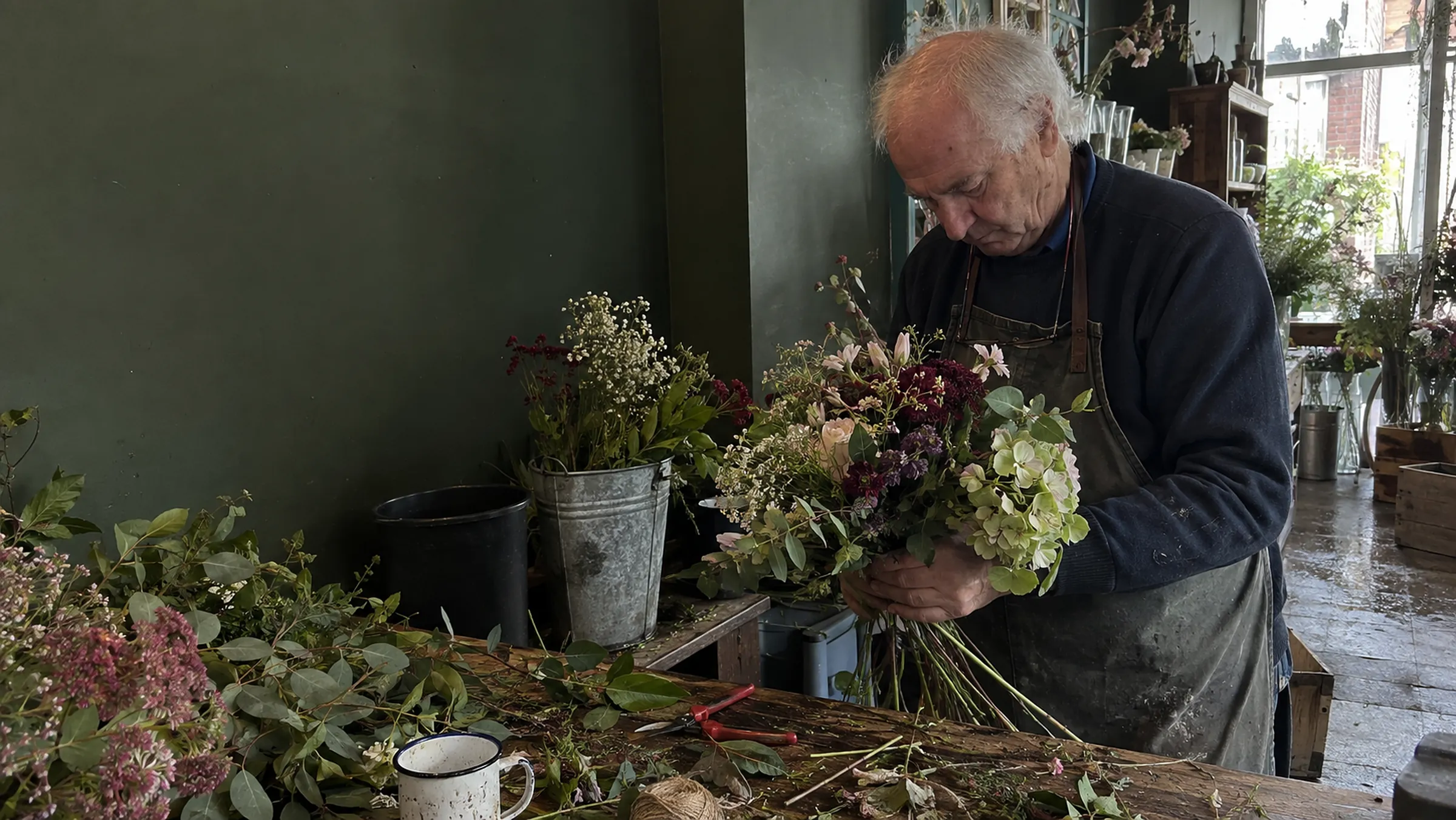 A florist tying a bouquet of seasonal flowers at his workbench
