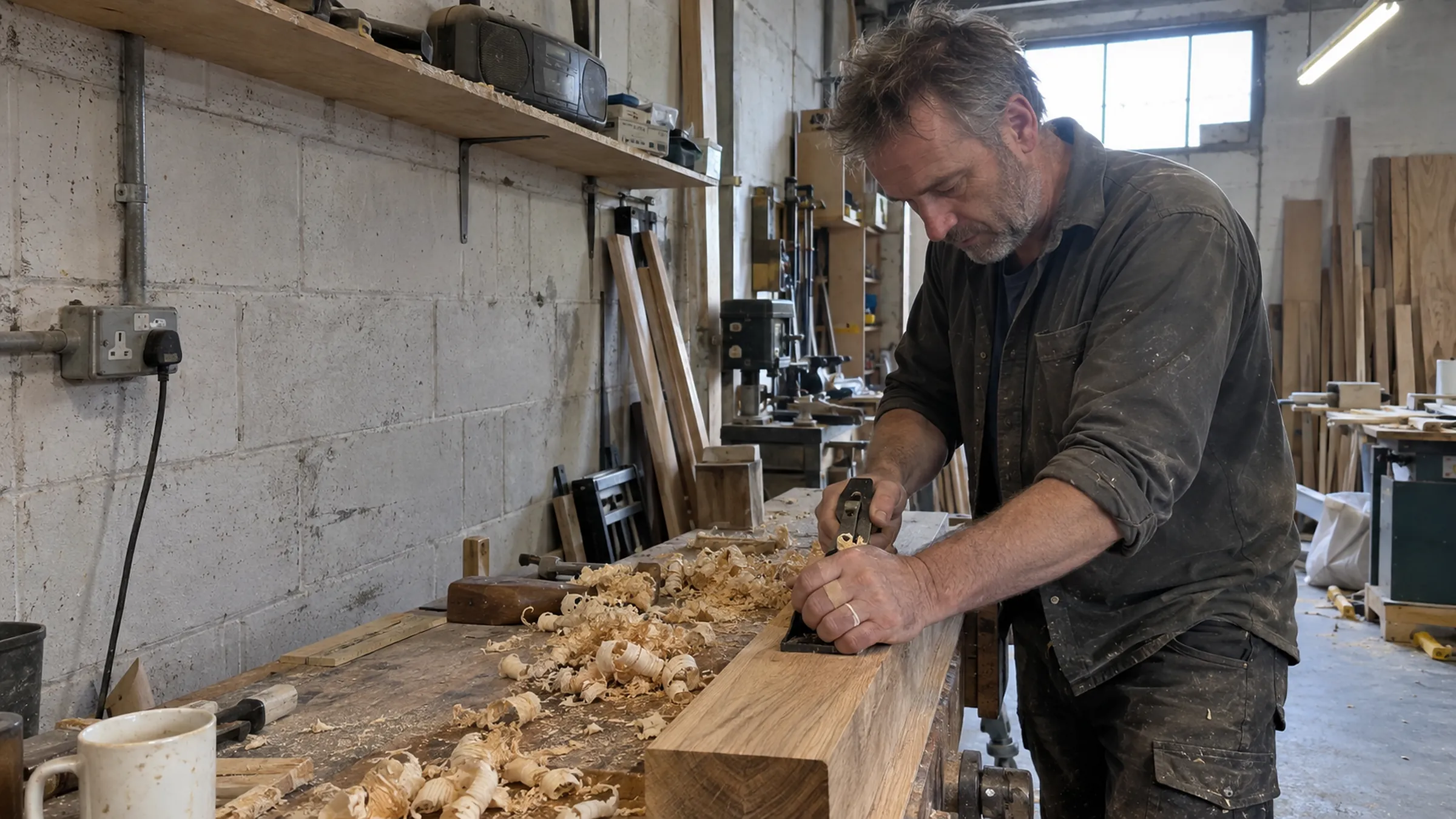 A joiner planing a length of oak at a workbench covered in shavings